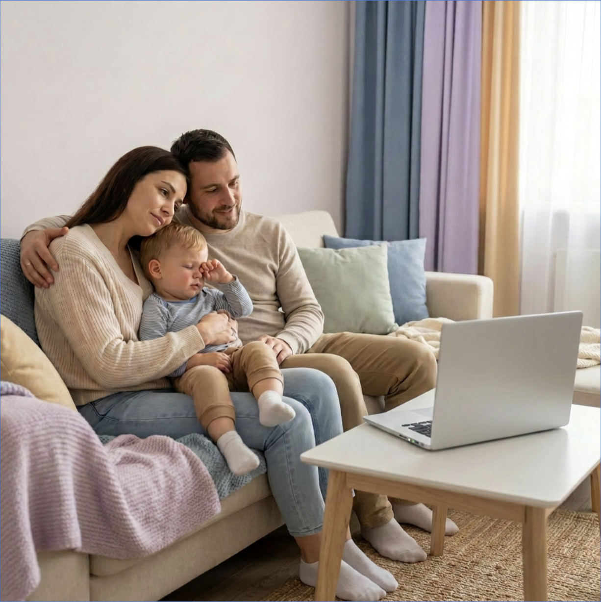 A family on their living room couch having a virtual sleep consultation on a laptop with a pediatric sleep specialist.