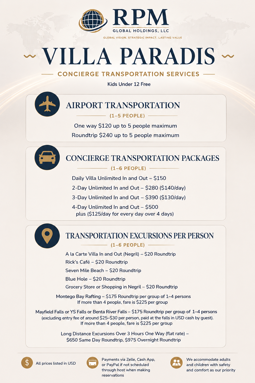 Transportation services menu for Villa Paradis offered by RPM Global Holdings, LLC, including airport transportation, concierge packages, and excursions with pricing and details.