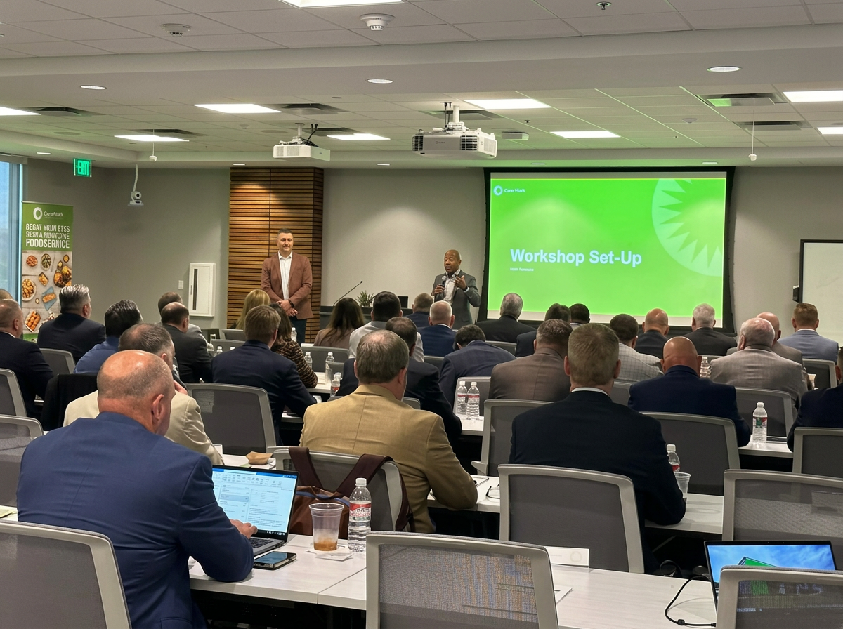 Business professionals attending a workshop in a conference room, with a presenter speaking at the front and a green screen displaying "Workshop Set-Up."