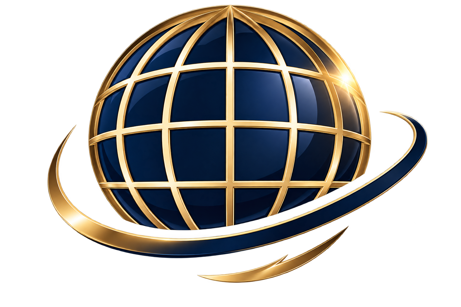 A stylized globe with gold grid lines and a blue surface, surrounded by a gold swoosh on a dark background.
