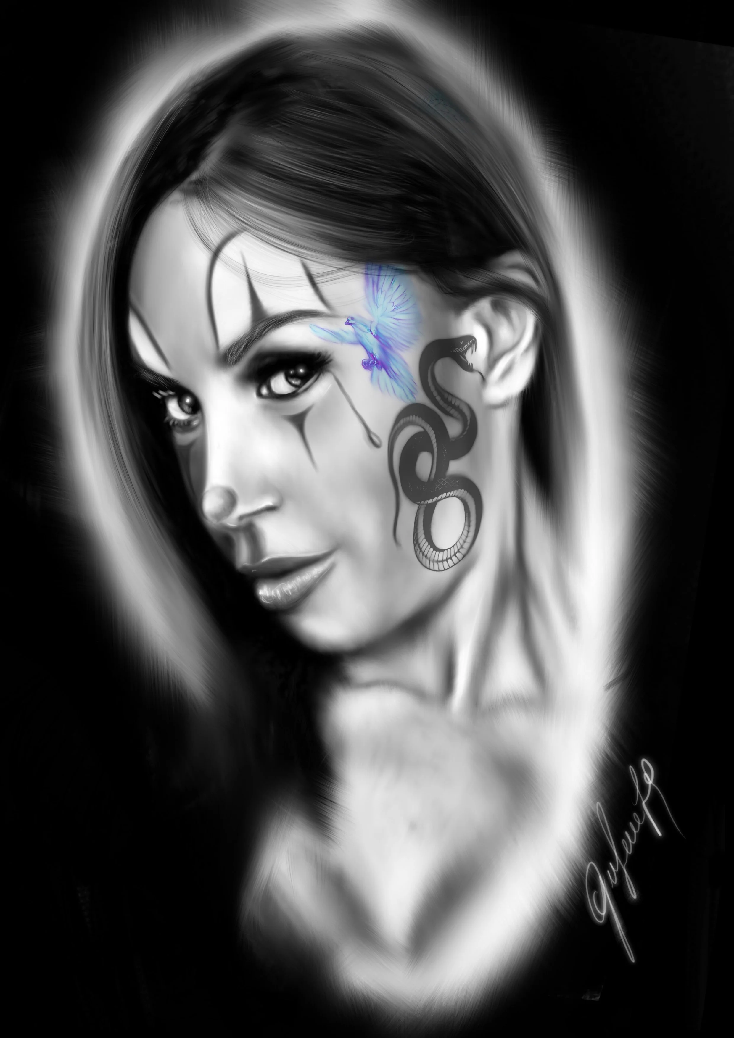 Black and white digital portrait of a woman with tattoos on her face and neck, featuring a snake, a blue hummingbird, and facial makeup. The woman has long, dark hair and intense eyes, with a signature in the bottom right corner.