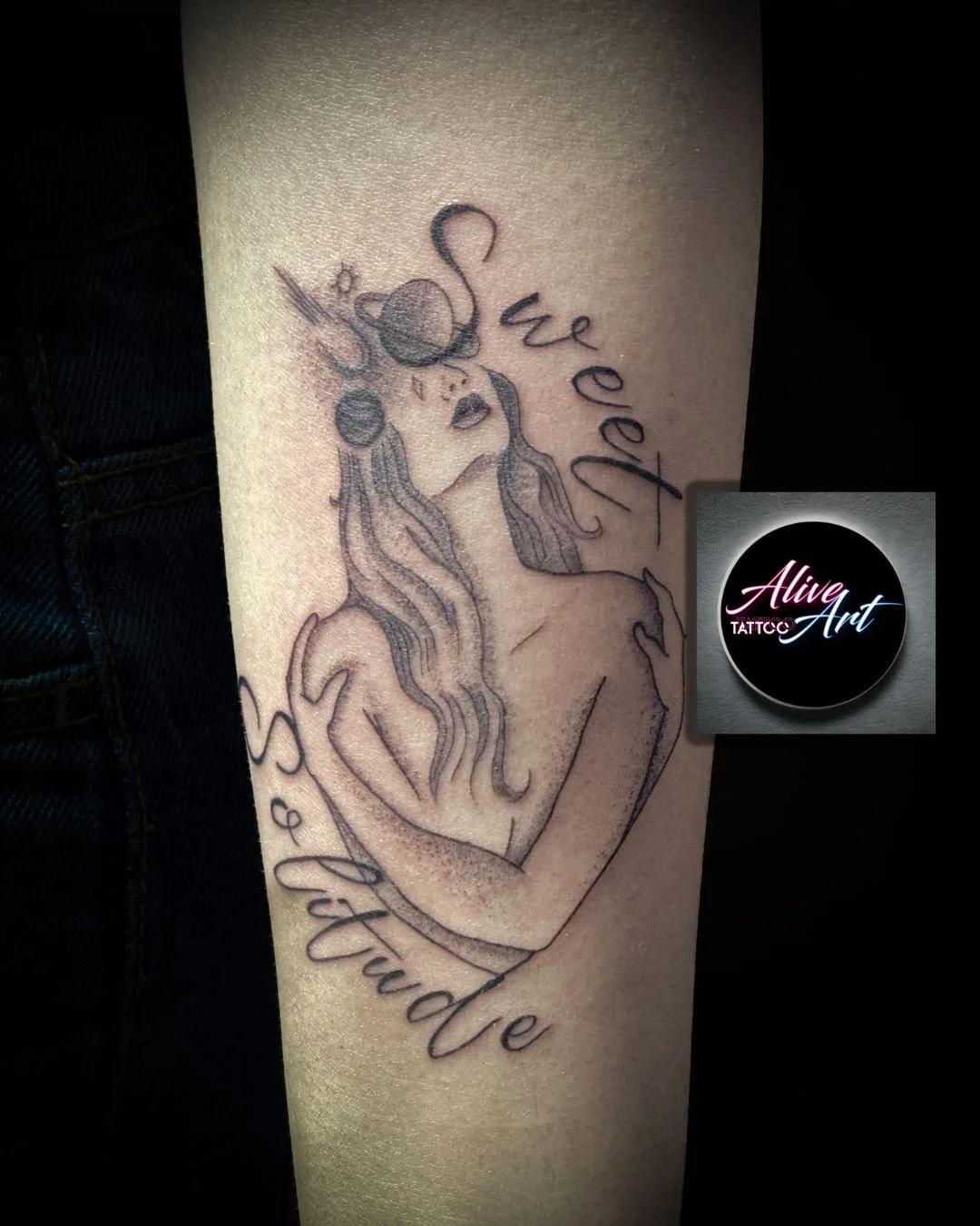 Tattoo of a woman with long wavy hair and sunglasses, with music notes around her head, and the words 'we see you' and 'ignore' written beside her.