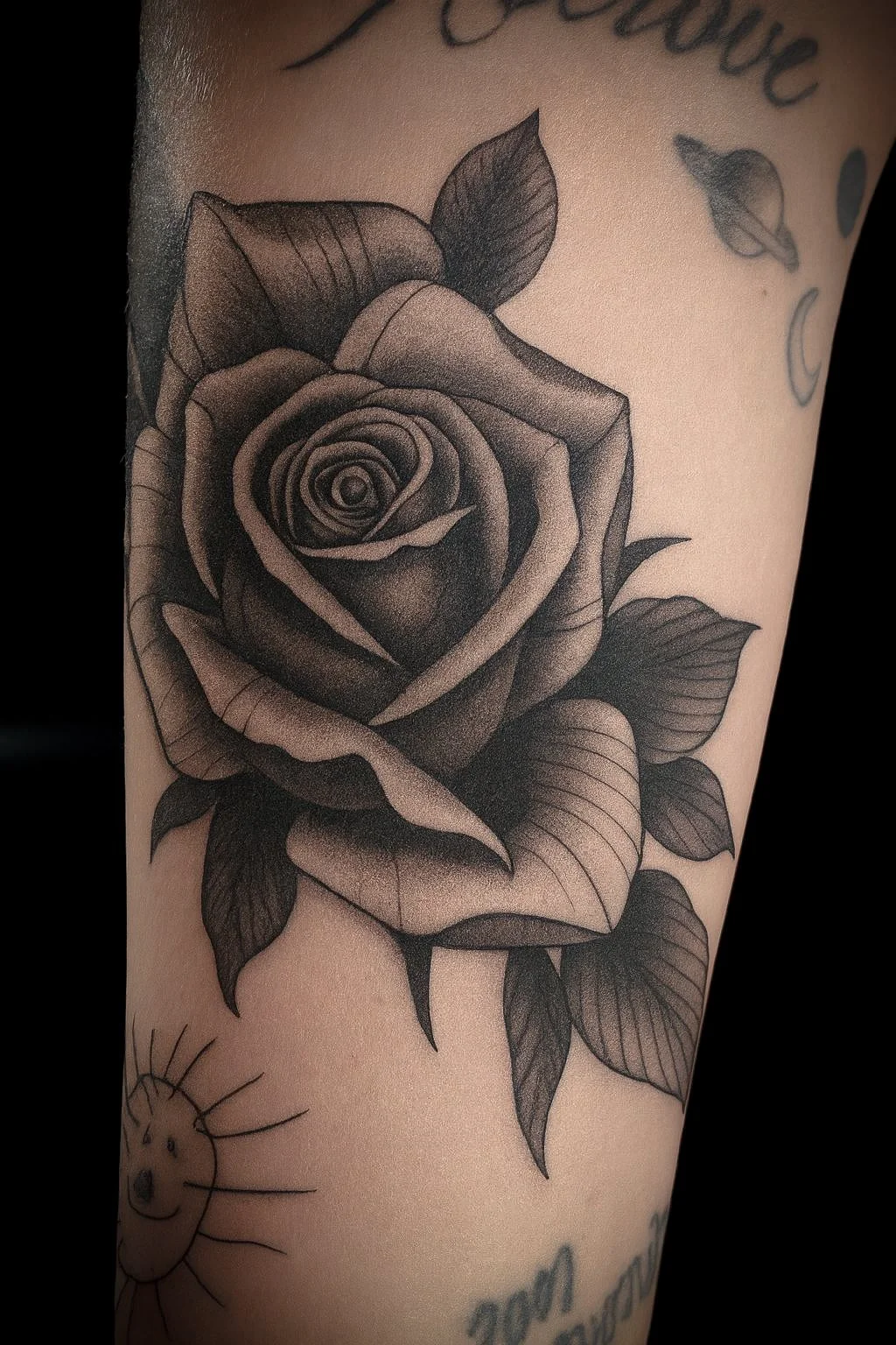 Black and gray tattoo of a detailed rose with leaves on a person's arm, with additional small tattoos including a smiley sun and partial text.