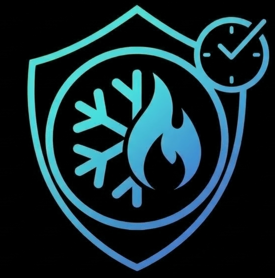 A blue gradient logo featuring a snowflake, a flame, and a shield with a clock in the top right corner, symbolizing climate control and safety.