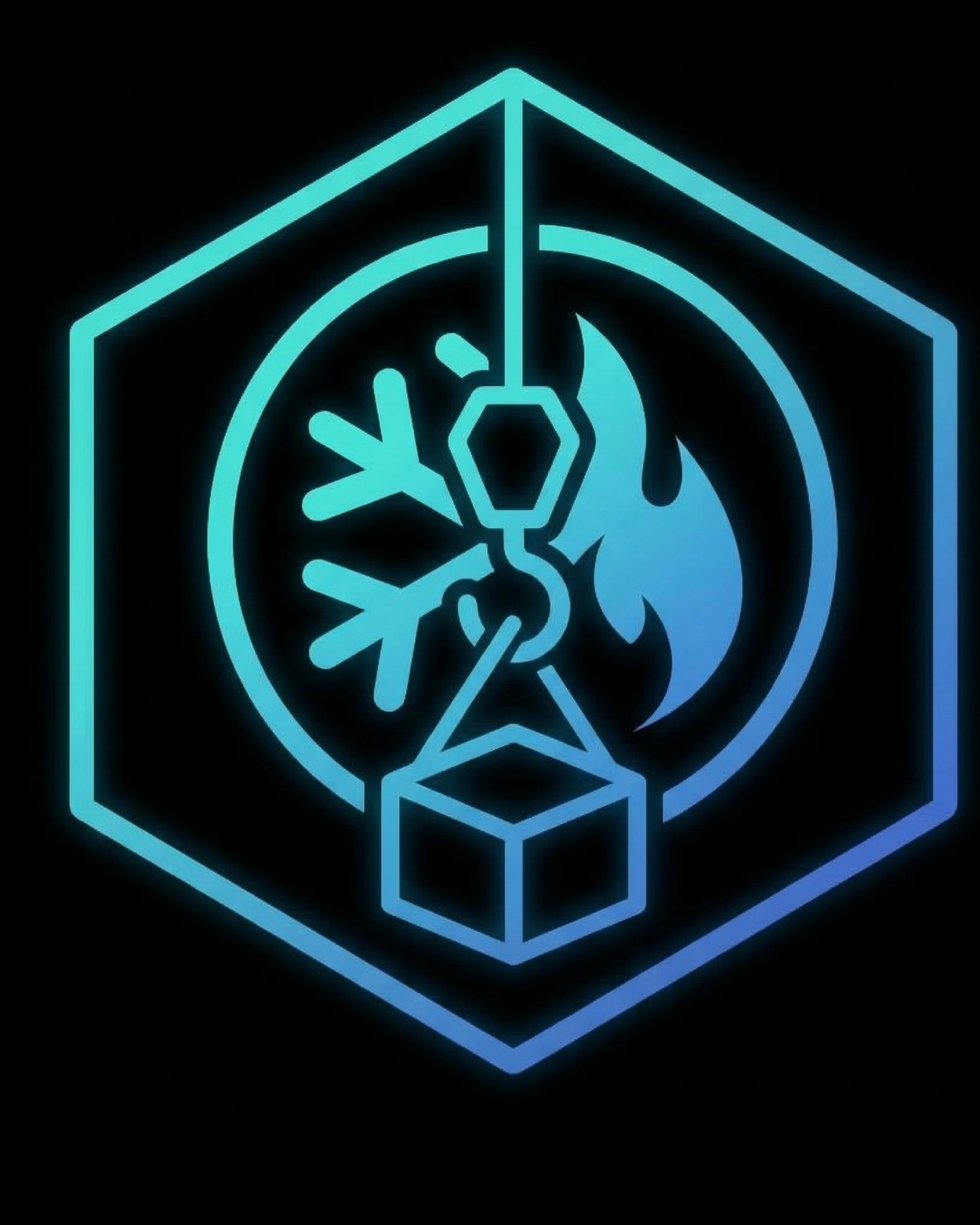 Neon graphic of a snowflake, fire, and a cube inside a hexagon outline.