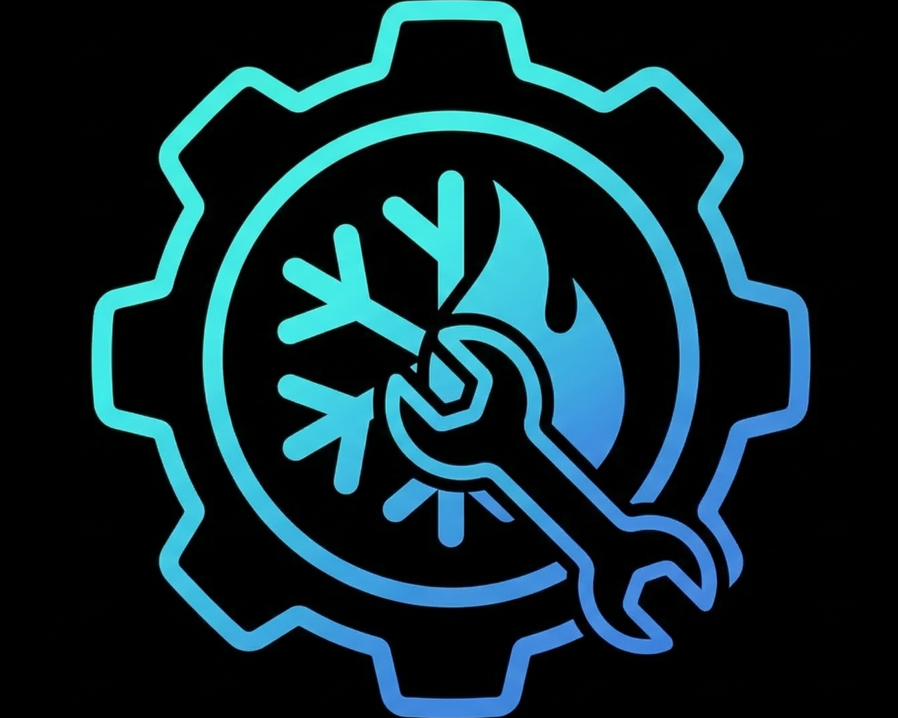 A neon-style gear icon with a snowflake, flame, and wrench inside, indicating HVAC repair or climate control services.