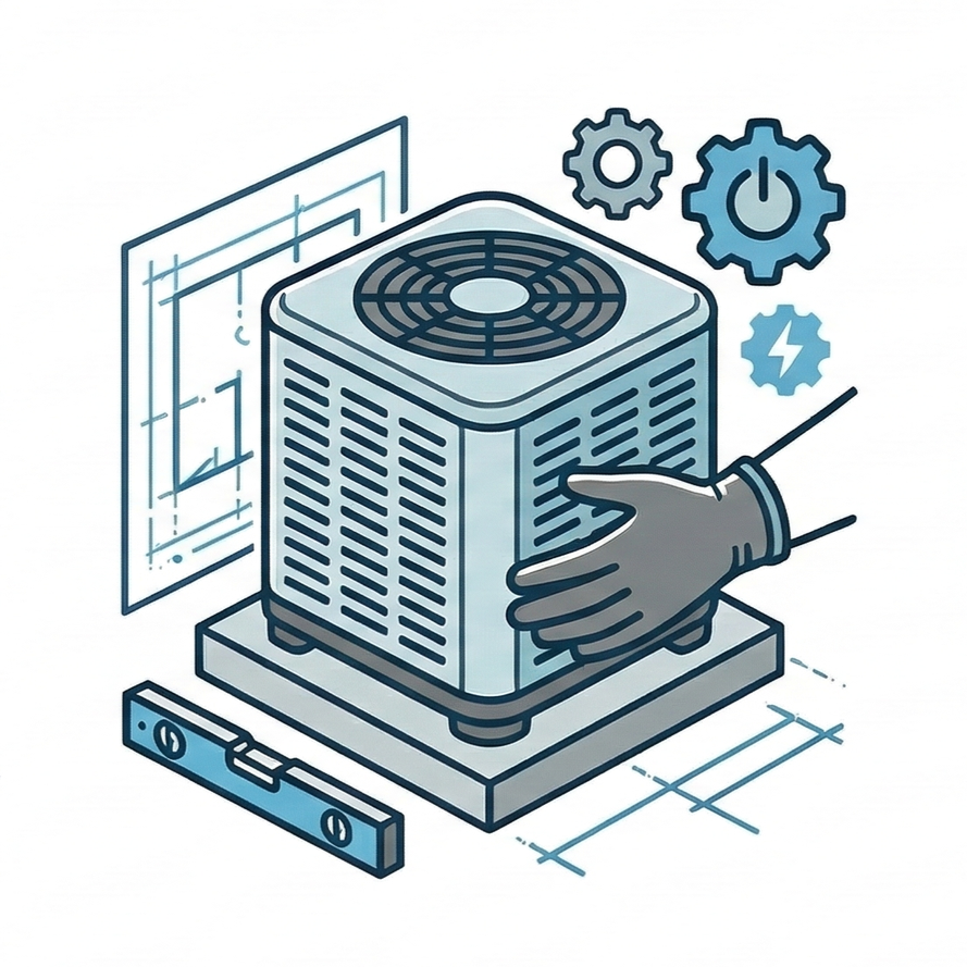 Illustration of an air conditioning unit with engineering blueprints, a hand adjusting it, and gears representing technical adjustments