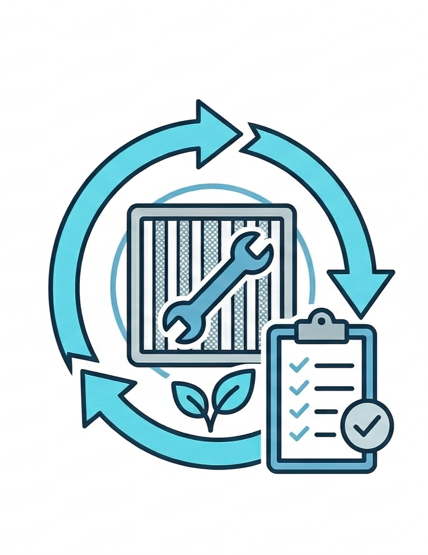 Icon representing environmental sustainability and maintenance: a bar chart with a wrench, surrounded by circular arrows, a clipboard with checkmarks, and a leaf.