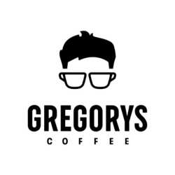 Logo for Gregory's Coffee featuring a stylized face with glasses and short hair