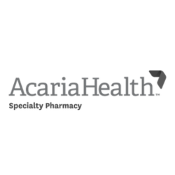 AcaiaHealth specialty pharmacy logo with black text and a black and white geometric shape