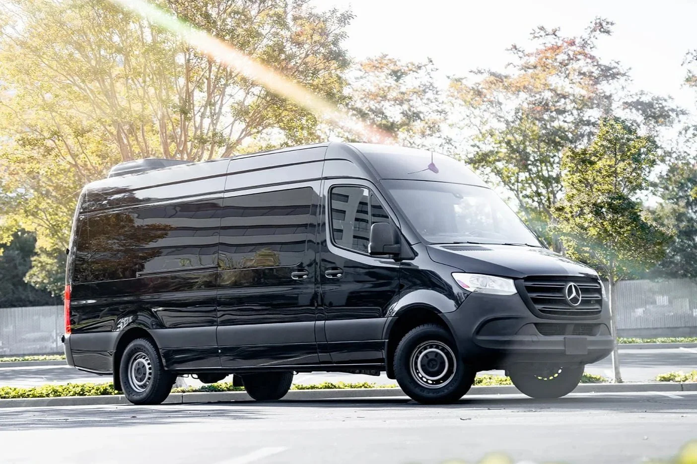 Black Mercedes-Benz Sprinter van parked outdoors with trees and sunlight in the background.
