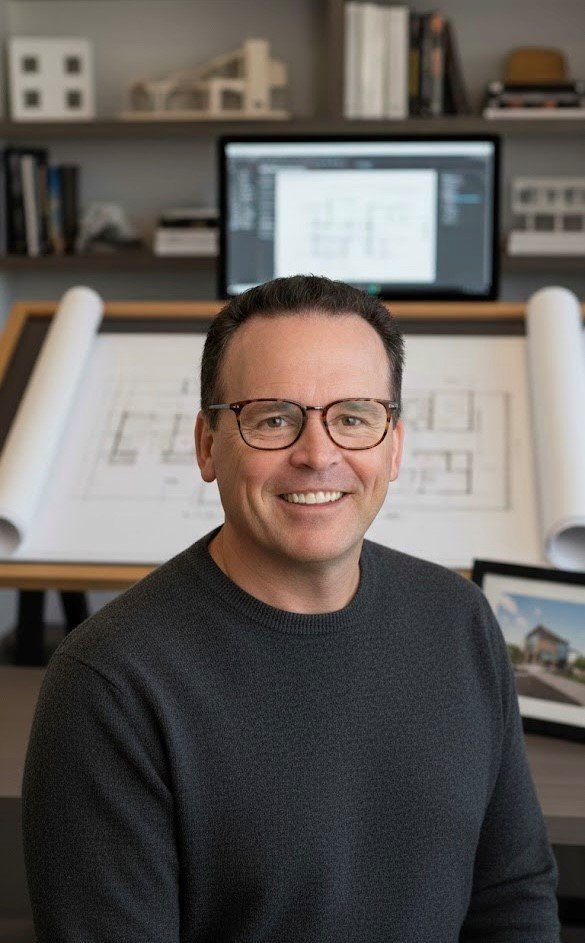Man with glasses smiling at a desk with architectural plans, computer displaying design software, and bookshelves in background.