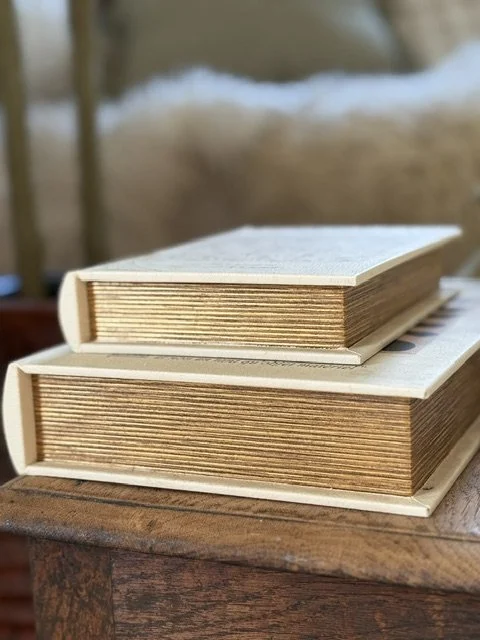 Two hardcover books stacked on a wooden surface with a blurred background.