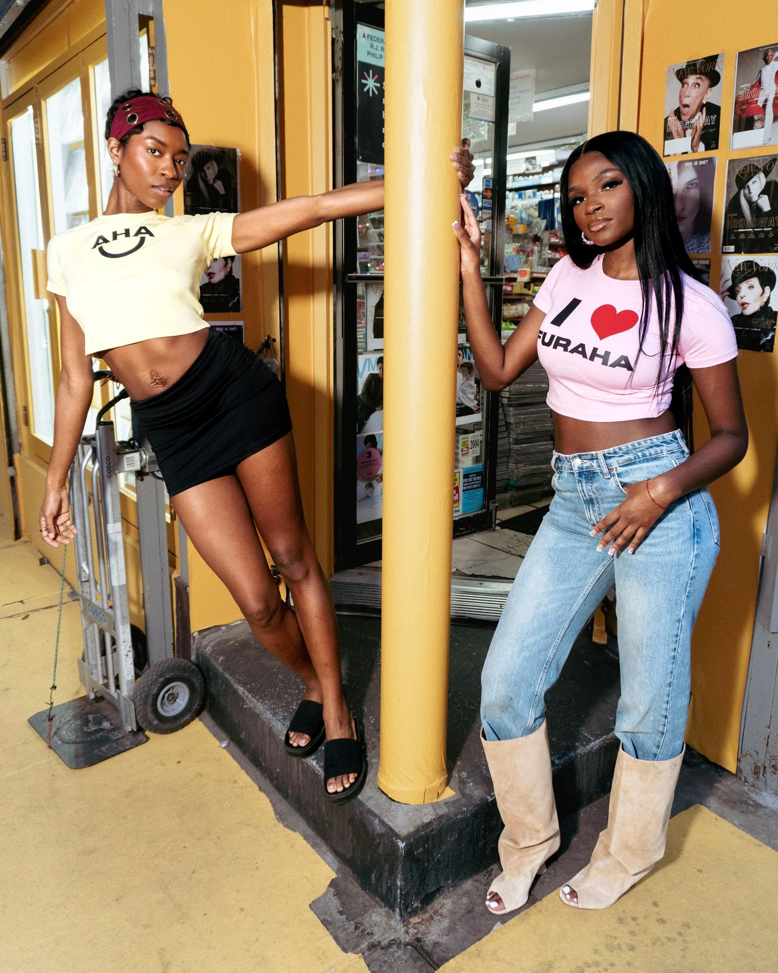 AHA SMILEY CROP TEE - PINK + YELLOW