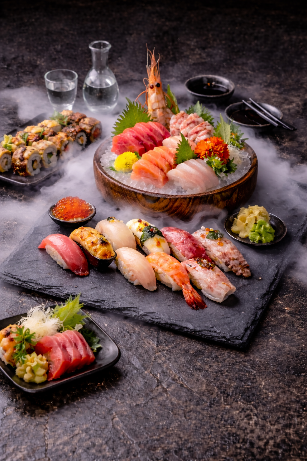 Assorted sushi and sashimi with various types of raw fish, seafood, and garnishes on a dark surface with drinks and dipping sauces.