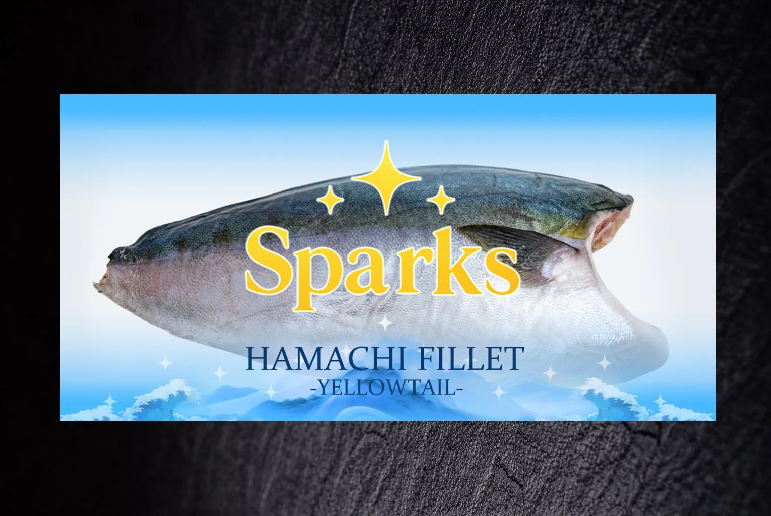 Packaging label for Sparks Hamachi Fillet, Yellowtail, featuring an image of a whole fish and a blue sky background with clouds and stars.