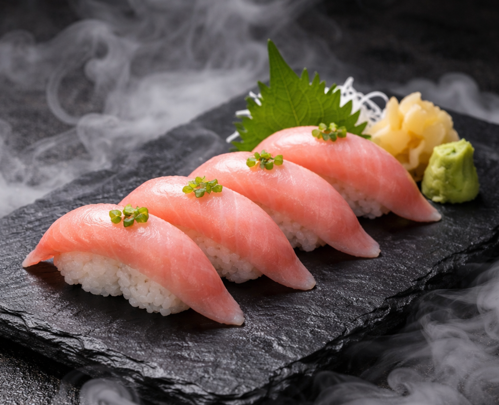 Four pieces of sushi with pink fish, garnished with small green herbs, served on a black slate platter with wasabi, ginger, and a leaf, surrounded by swirling mist.