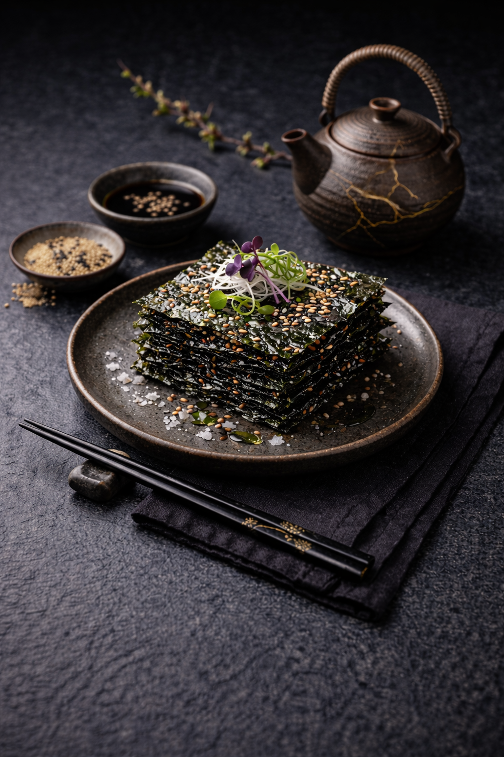 Stacked sheets of seasoned seaweed garnished with microgreens and sesame seeds on a black plate, with soy sauce in two bowls and a traditional teapot in the background.