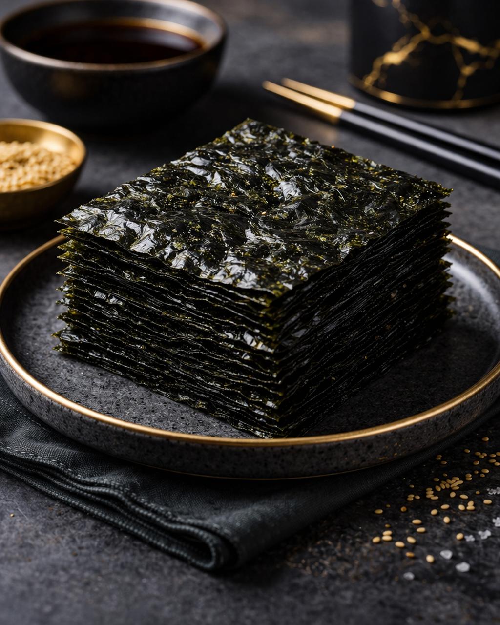 Stack of seaweed sheets on a black plate with a dark background, accompanied by small bowls of sesame seeds and soy sauce, and black chopsticks with gold accents.