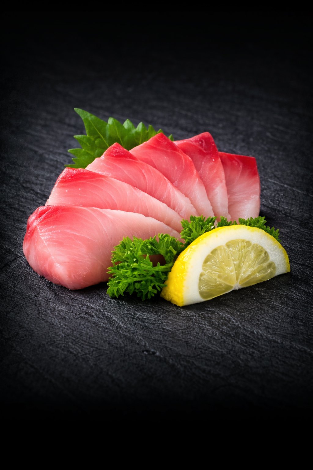Slices of raw fish garnished with green leafy herbs, served with lemon wedge on black textured surface.
