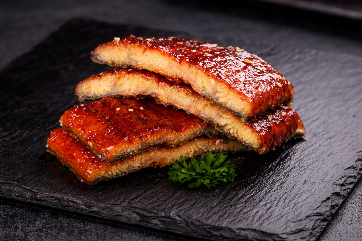 Slices of glazed grilled eel with sesame seeds on a black slate serving board, garnished with parsley.