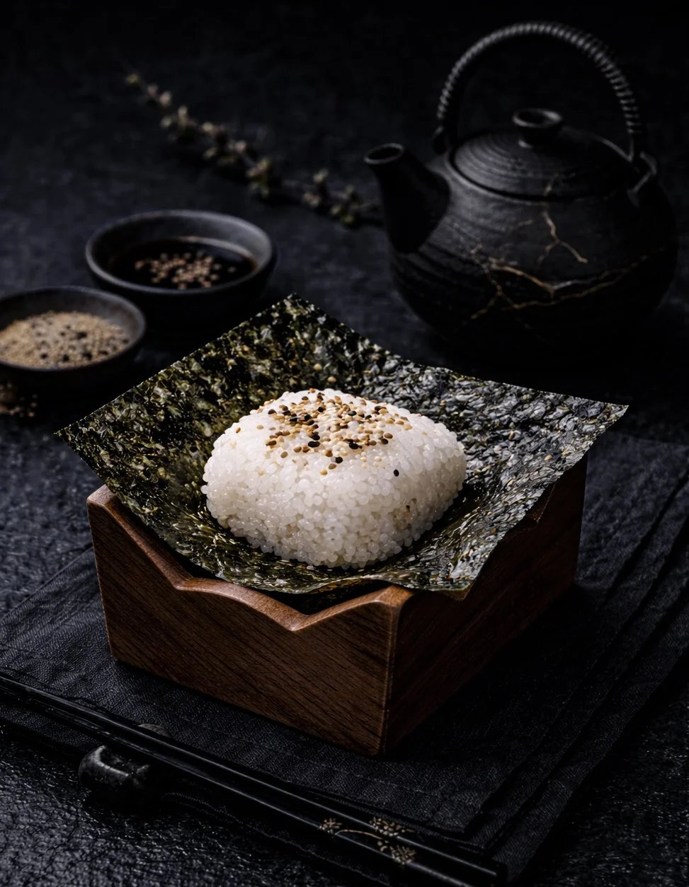 A round rice ball topped with sesame seeds, served on a sheet of seaweed inside a wooden box, with soy sauce and sesame seeds in small bowls, a black teapot and chopsticks on a dark surface.