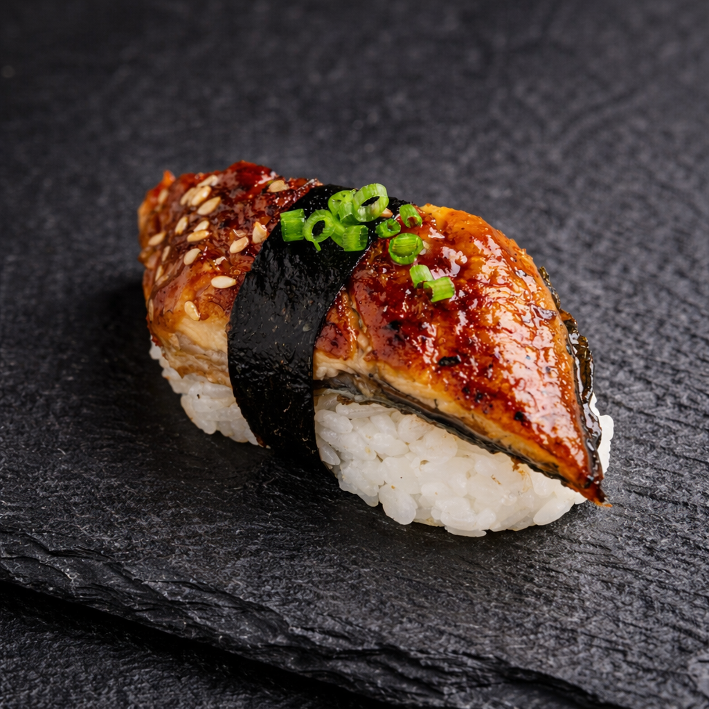 A piece of unagi (eel) sushi with rice, seaweed wrap, glazed eel, sesame seeds, and chopped green onions on top, served on a black slate surface.