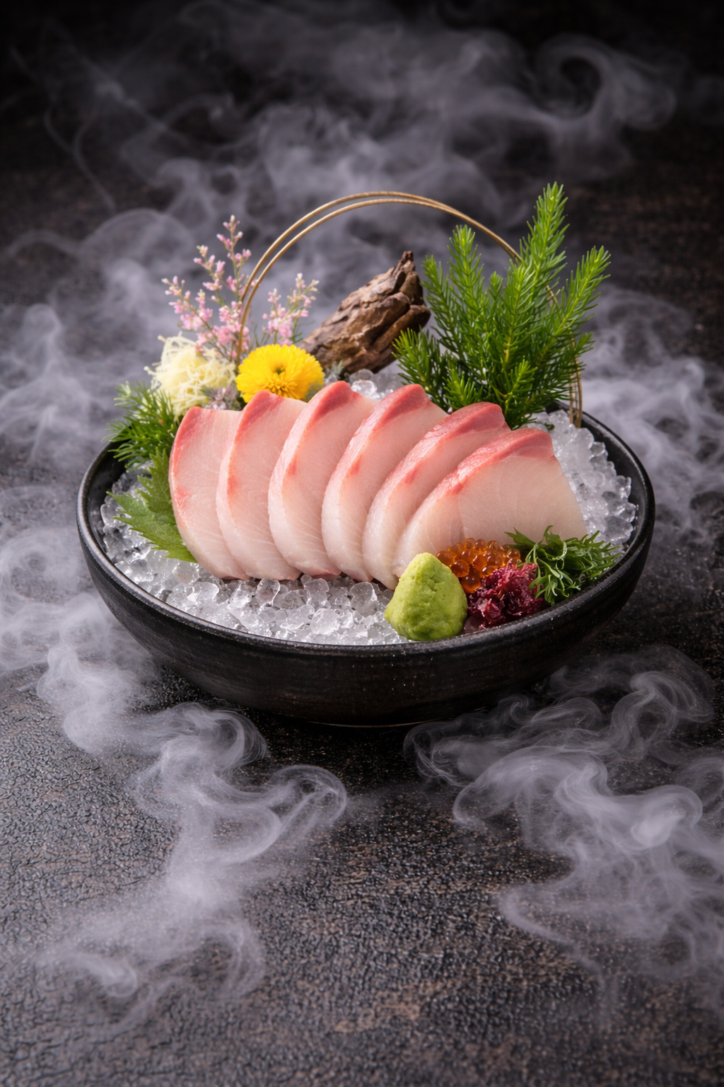 Sliced sashimi on a bed of ice in a black bowl, garnished with green leaves, wasabi, salmon roe, and decorative flowers, with steam or smoke surrounding the dish.