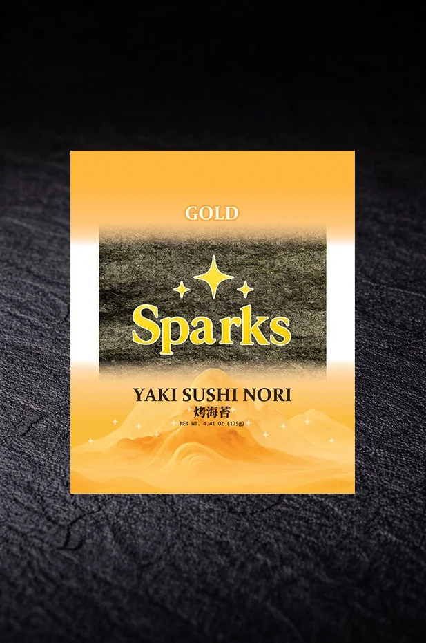Packaging of Sparks Gold Yaki Sushi Nori seaweed with a gold and black design and Japanese characters.