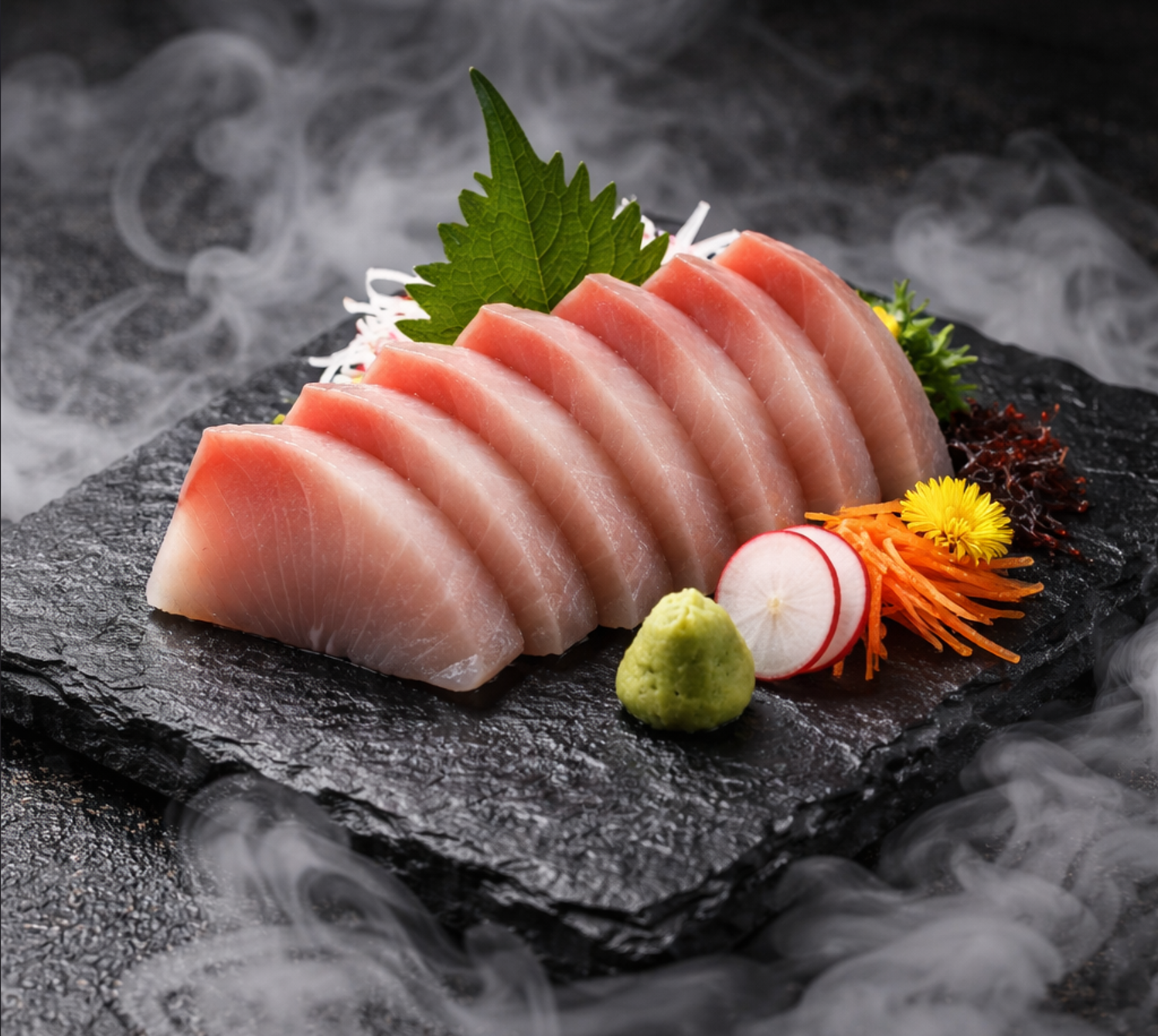 Sliced sashimi tuna on a slate platter with wasabi, radish, shredded carrots, yellow flower, red seaweed, and greenery, surrounded by mist or smoke.