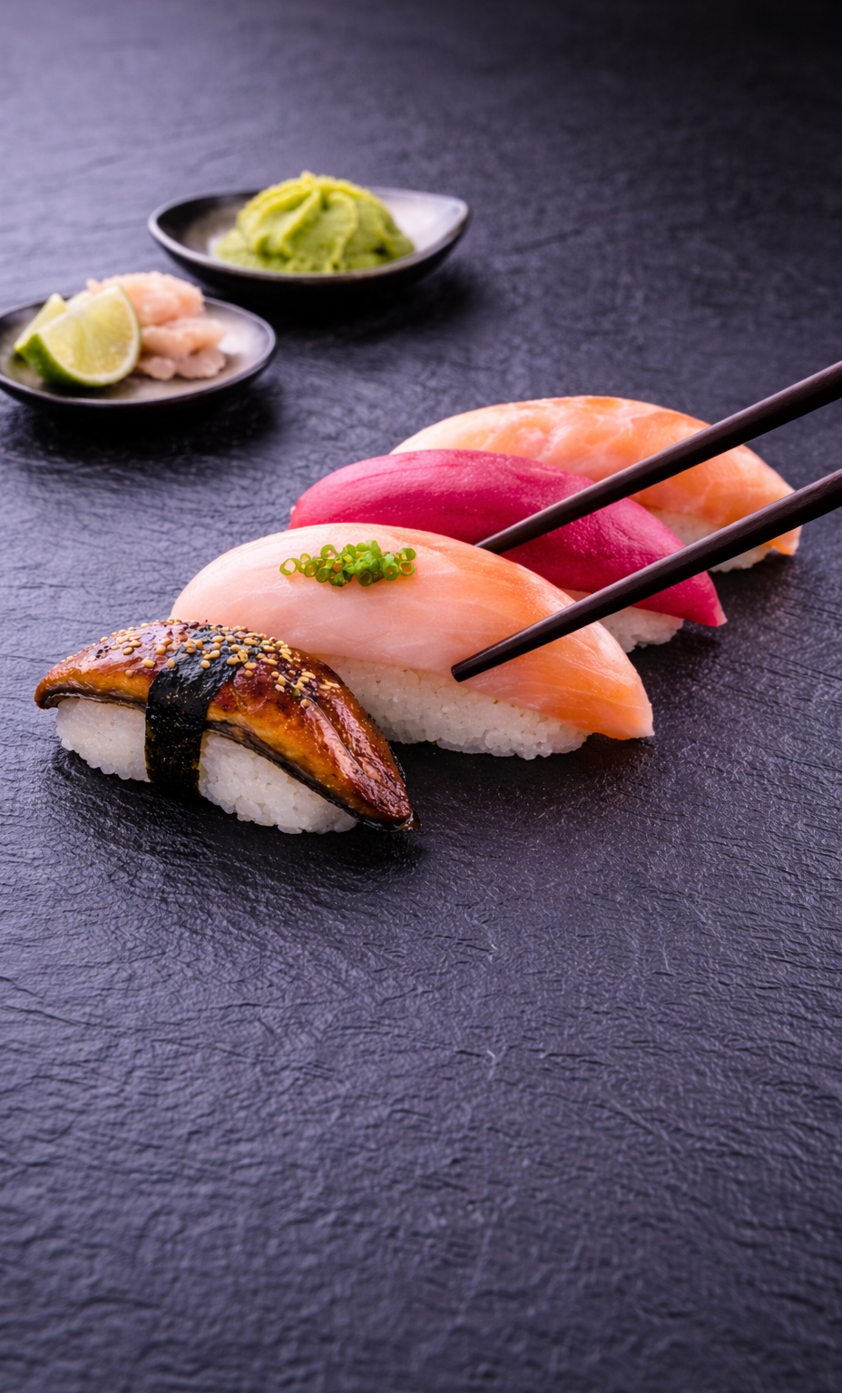 Assorted pieces of sushi, including eel, salmon, tuna, and white fish, served on a dark surface with small dishes of wasabi, ginger, and lime in the background.