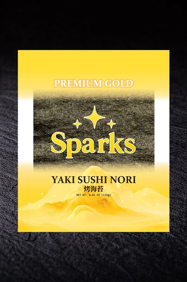 Package of Sparks Premium Gold Yaki Sushi Nori seaweed, with a yellow and gray design featuring stars and a mountain illustration.