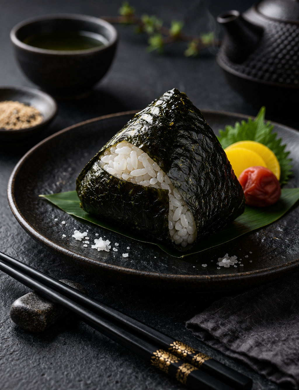 A Japanese rice ball wrapped in nori seaweed on a black plate, garnished with pickled yellow radish, a green leaf, and a red pickled plum, with a small bowl of green tea and seasonings in the background.