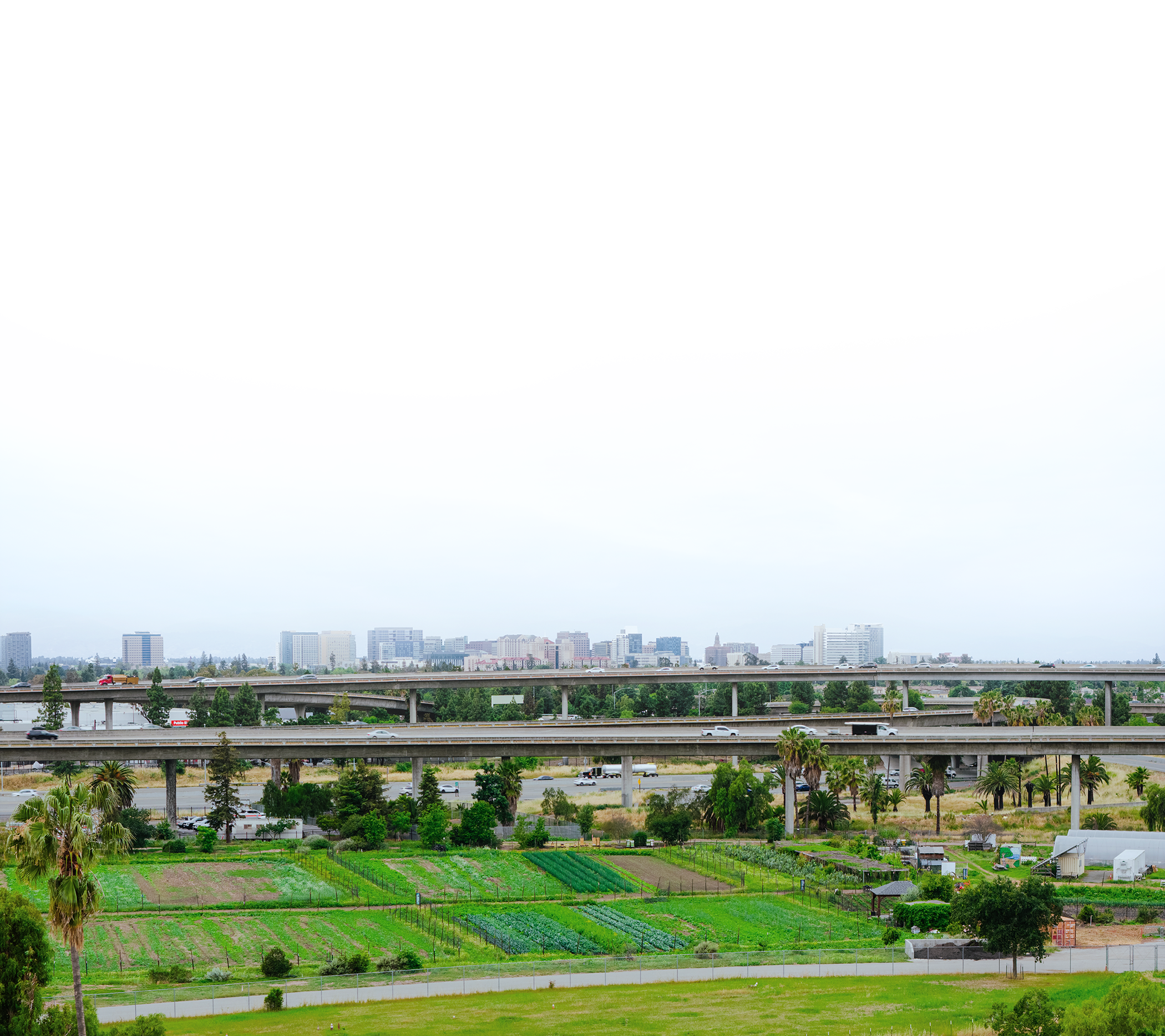 Scenic view of a city skyline with multiple high-rise buildings above a highway, with a lush green farm with crops and trees in the foreground under a cloudy sky overhead.