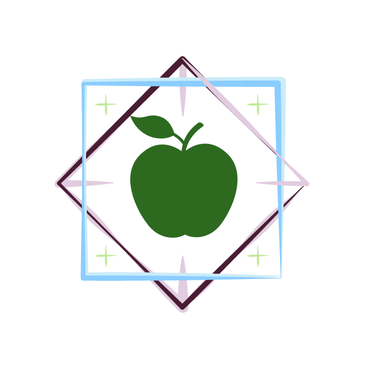 Green apple icon inside a glowing geometric frame with stars on a black background.