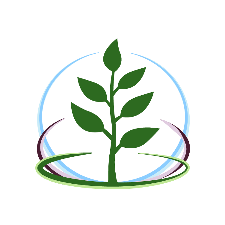 A green plant with multiple leaves growing in the center, surrounded by a stylized circle with blue and purple accents, set against a black background.