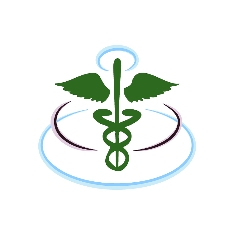 A stylized medical symbol combining the caduceus with angel wings, a halo, and swirling lines.