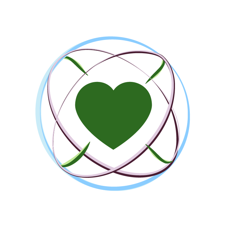 A digital illustration of a green heart surrounded by intertwined rings and leaves, set against a black background.