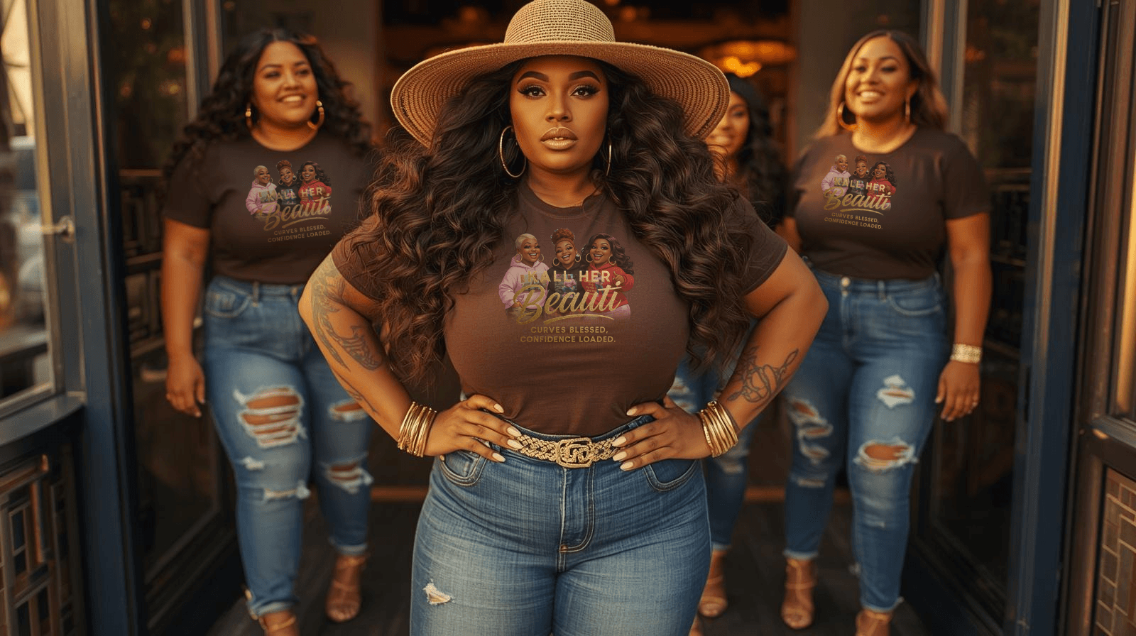 A group of five confident Plus Sized women, with the woman in the center wearing a large sun hat and a brown T-shirt that says 'Kall Her Beauti,' leading the group into a store, showcasing diversity, style, and confidence and power a true sisterhood.