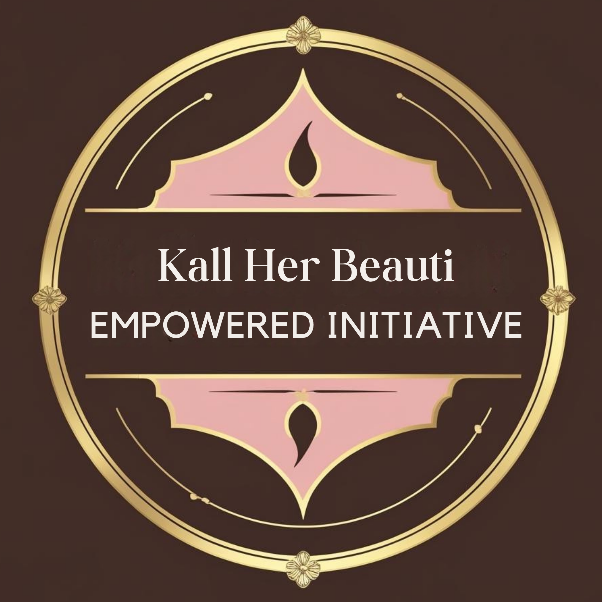 A circular logo for Kall Her Beauti Empowered Initiative featuring gold decorative borders, pink accents, and a stylized illustration at the top and bottom, with text in the center.