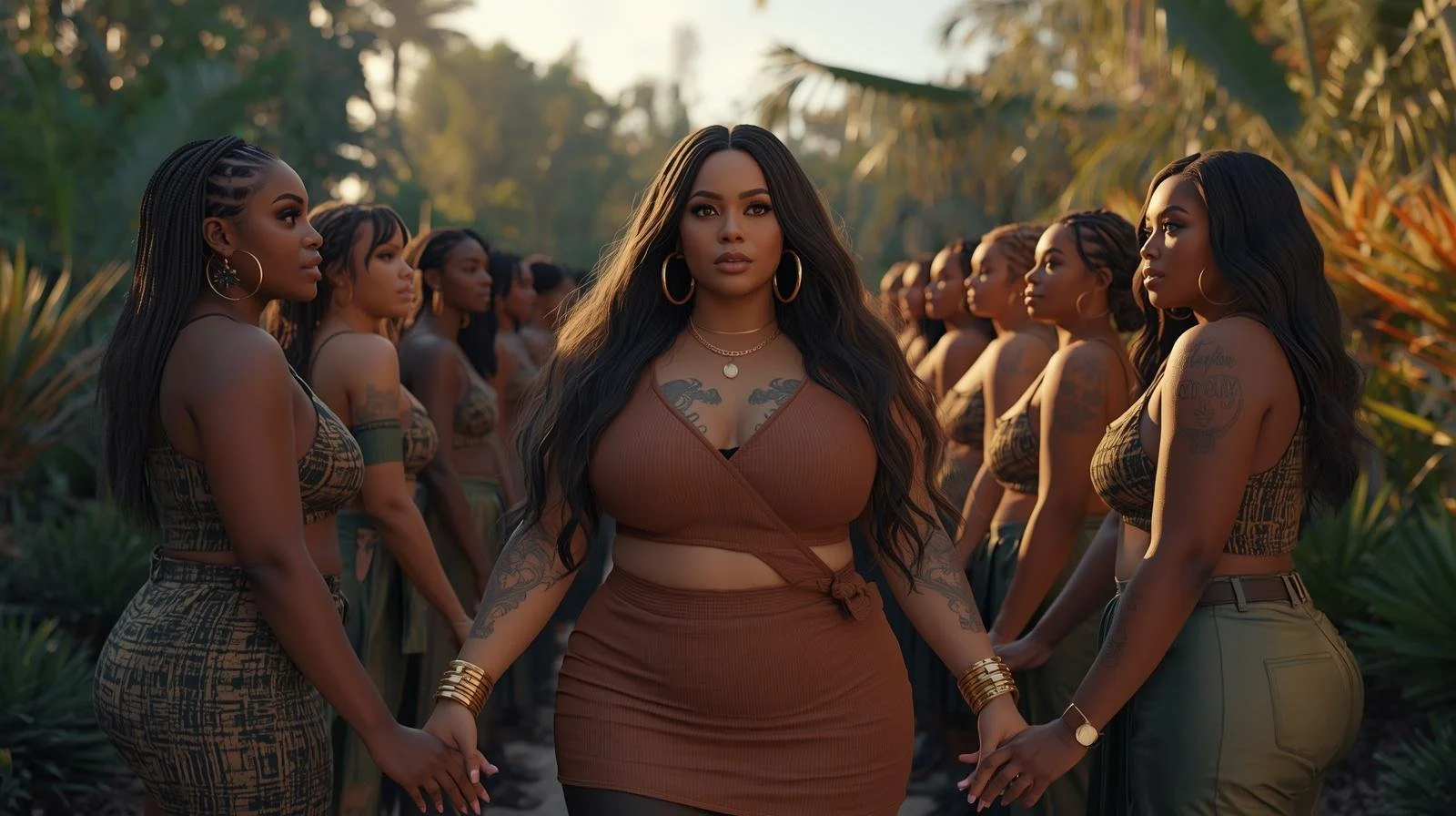 A woman with long black hair and tattoos on her chest and arms, dressed in a brown outfit, stands in the center holding hands with two women on either side. The women on either side have long black hair, tattoos on their arms and shoulders, and are dressed in patterned tops and olive green pants. They are outdoors with tropical plants in the background, during sunset.