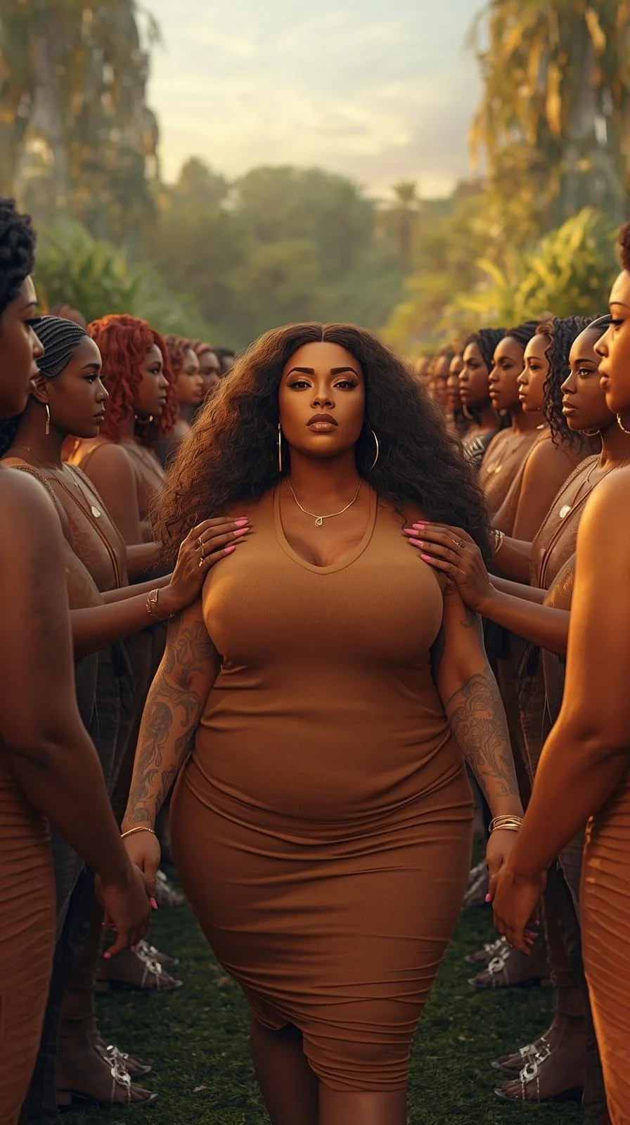 A confident woman with curly hair and tattoos on her arms stands in the center, surrounded by identical women with similar dark curly hair and brown outfits, in an outdoor setting with trees and a sunset sky in the background.
