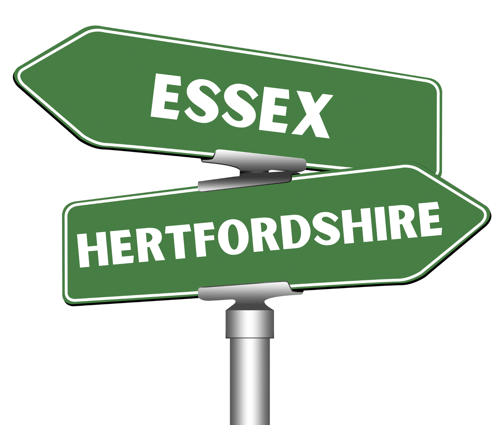 Street signs at a junction showing directions to Essex and Hertfordshire in green with white text.