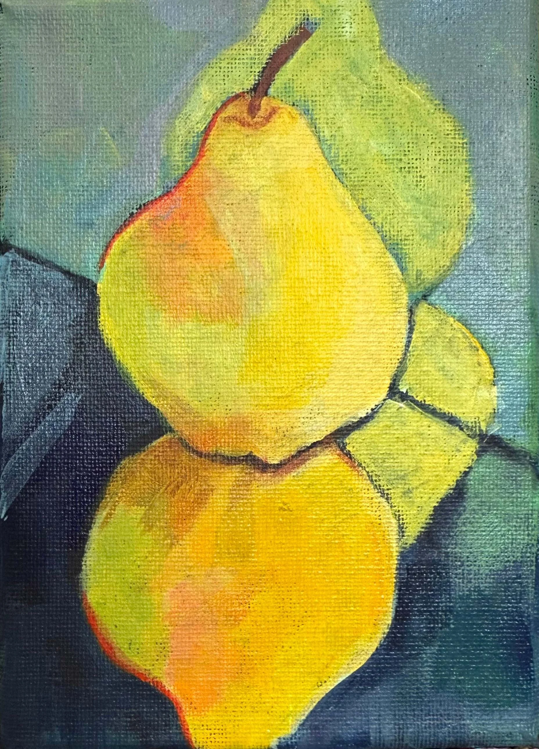 A painting of a pair of yellow pears with green leaves on a dark background.