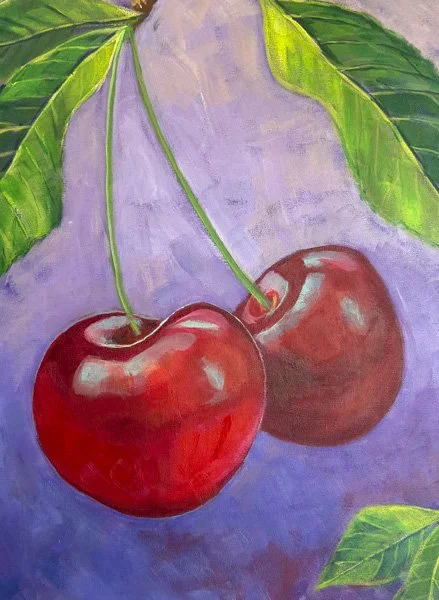 Painting of two cherries with green leaves against a purple background.