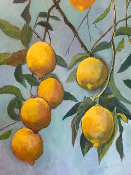 Painting of a lemon tree branch with six lemons and green leaves.