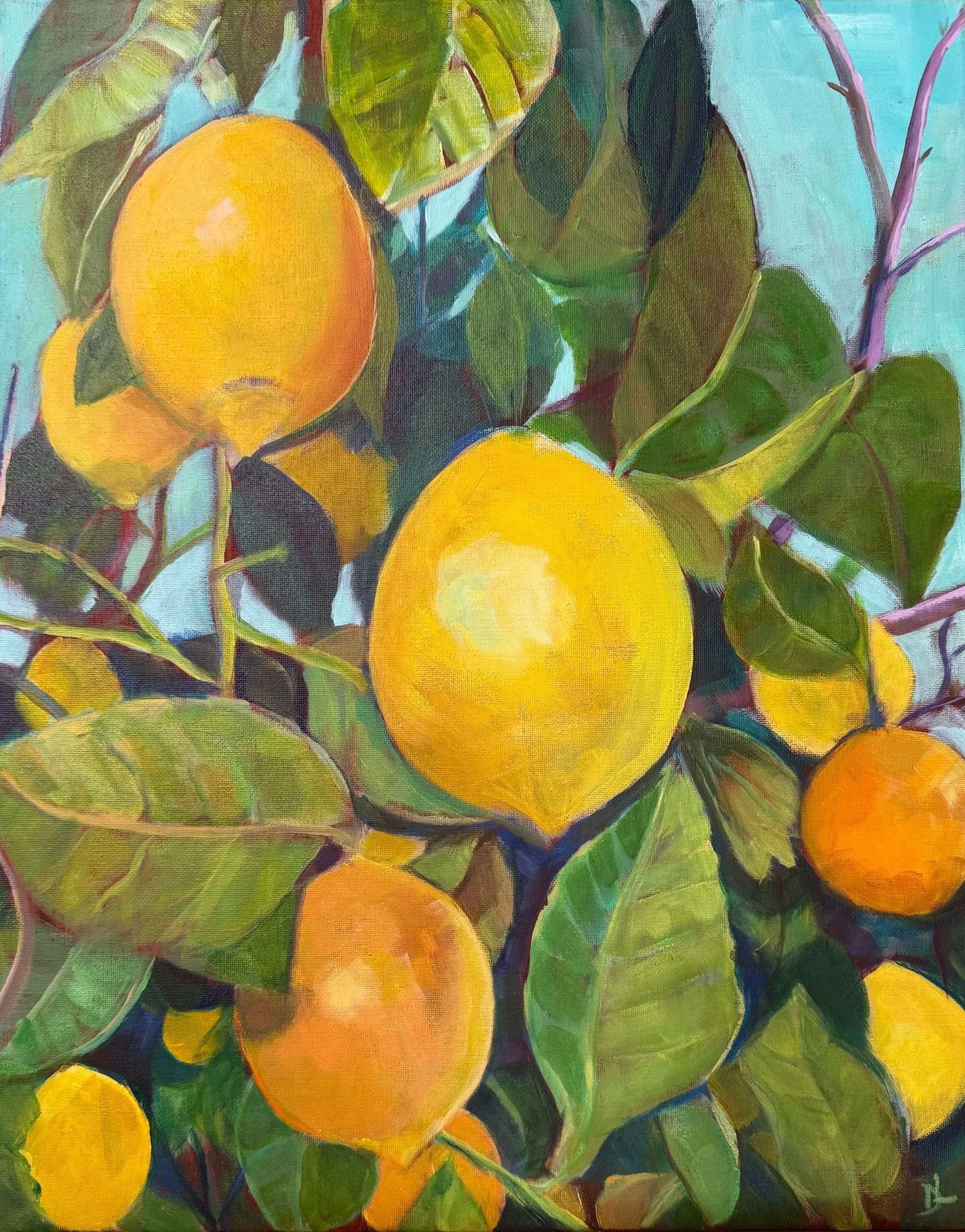 Painting of a lemon tree with bright yellow lemons and green leaves.