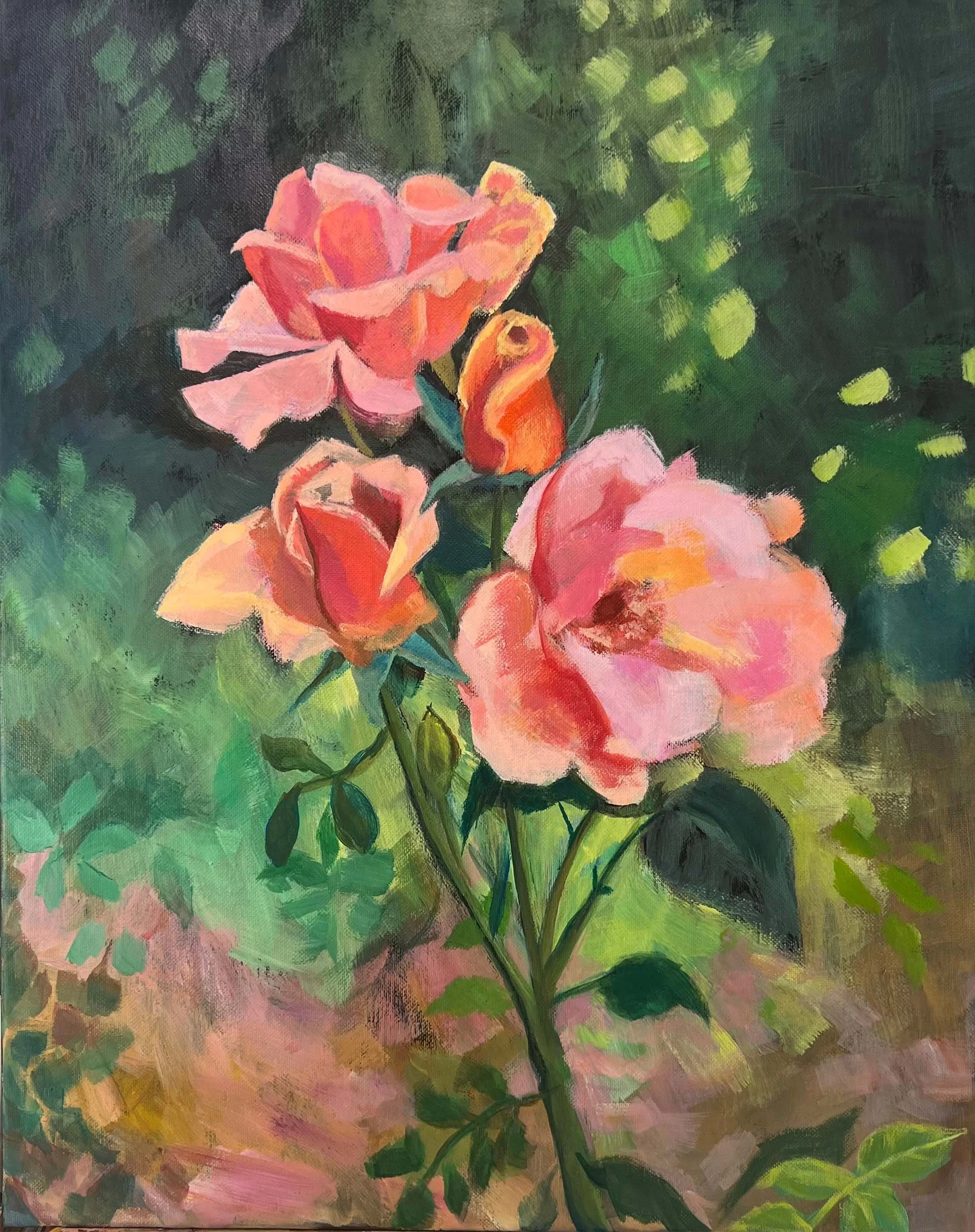 A painting of pink and orange roses with green leaves and a blurred green background.