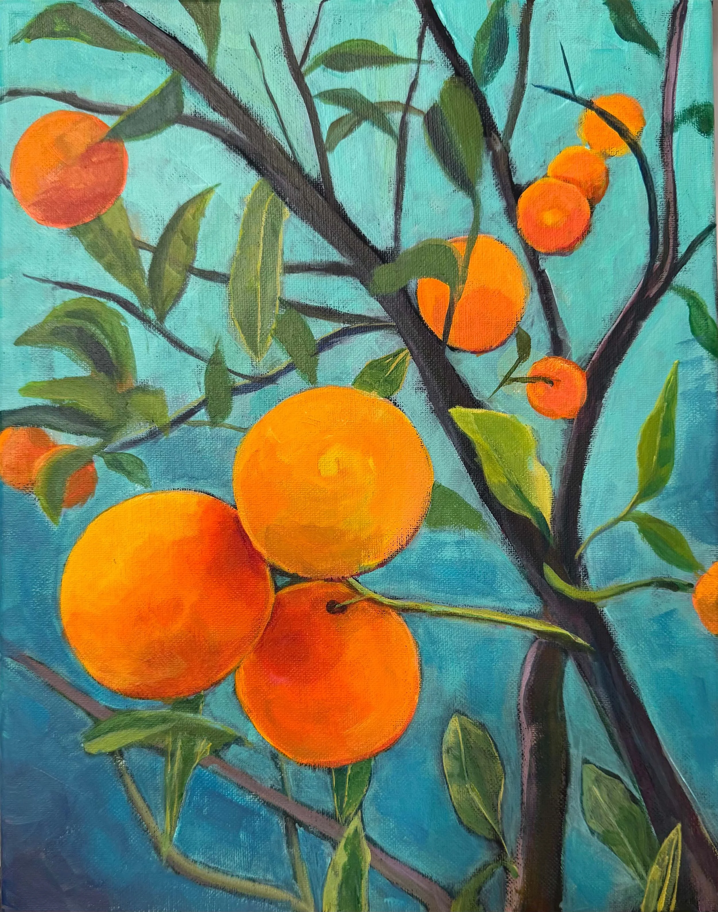 A colorful painting of a branch with orange fruits, green leaves, and a bright blue background.