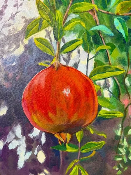 A painting of a pomegranate hanging from a tree branch surrounded by green leaves.